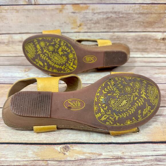 Sofft Womens Leather Mustard Yellow Open Toe Stacked Wedge Heel Sandals 9.5M - Picture 6 of 8